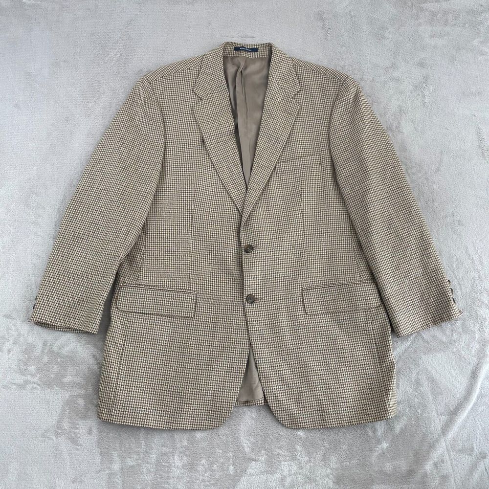Chaps Ralph Lauren Sport Coat‎ Men 44T Tall Beige Houndstooth Silk Wool Blend